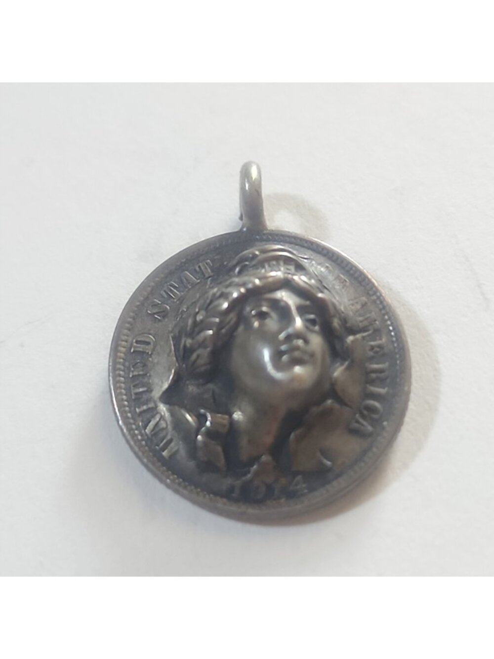 Vintage 1914 US Barber Silver Coin Pendant 3D Pop Out Repousse Lady Liberty
